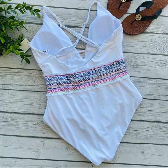 Bar III Smocked Plunging One-Piece Swimsuit - Picture 3 of 5